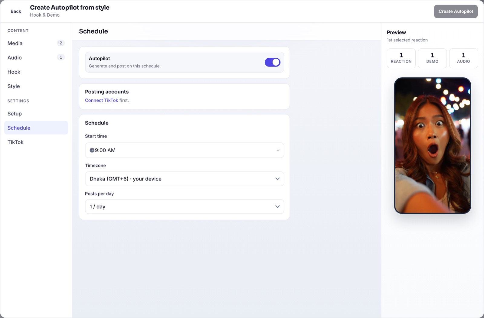Autopilot schedule with posting accounts, start time, timezone and posts per day