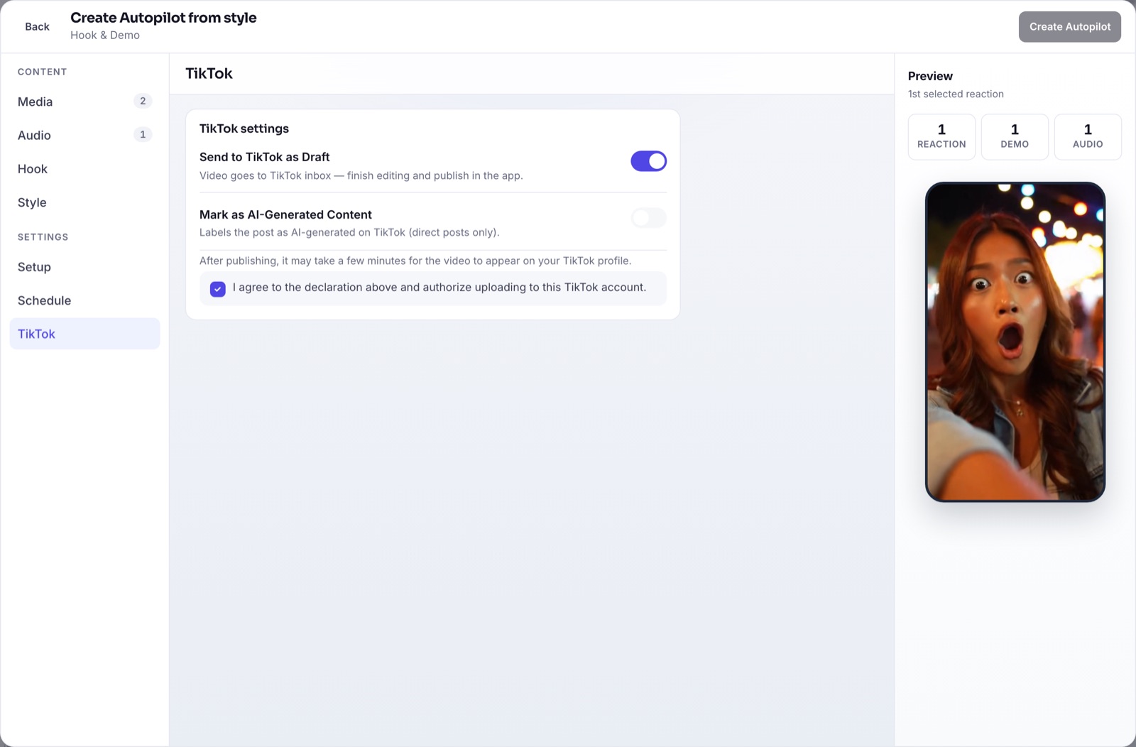 TikTok settings with Send to TikTok as Draft switched on