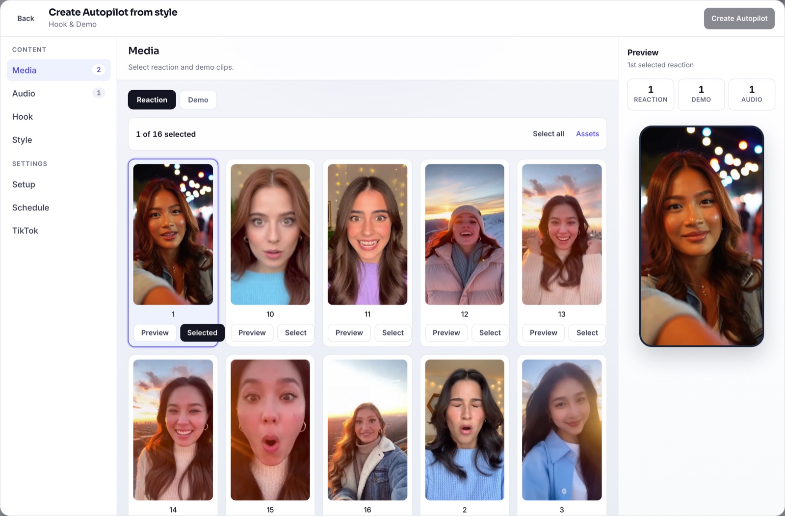 Hook & Demo Autopilot Media tab with a grid of built-in reaction clips
