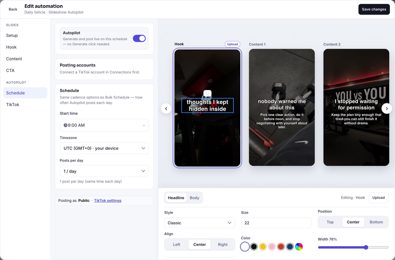 Slideshow Autopilot schedule with start time, timezone and posts per day