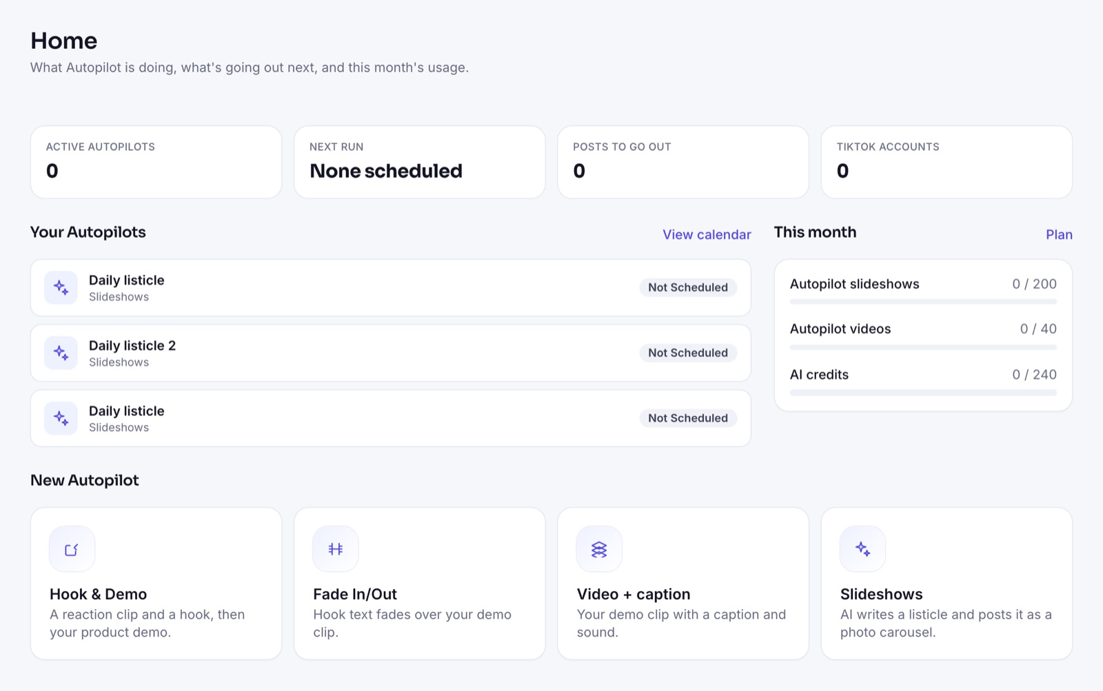ClipsPilot Home with active Autopilots, monthly usage and the four Autopilot types