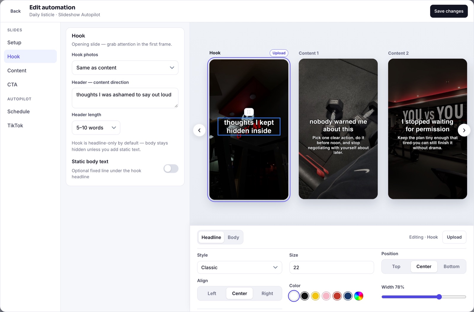 Slideshow Autopilot Hook settings with a header direction and the hook slide preview