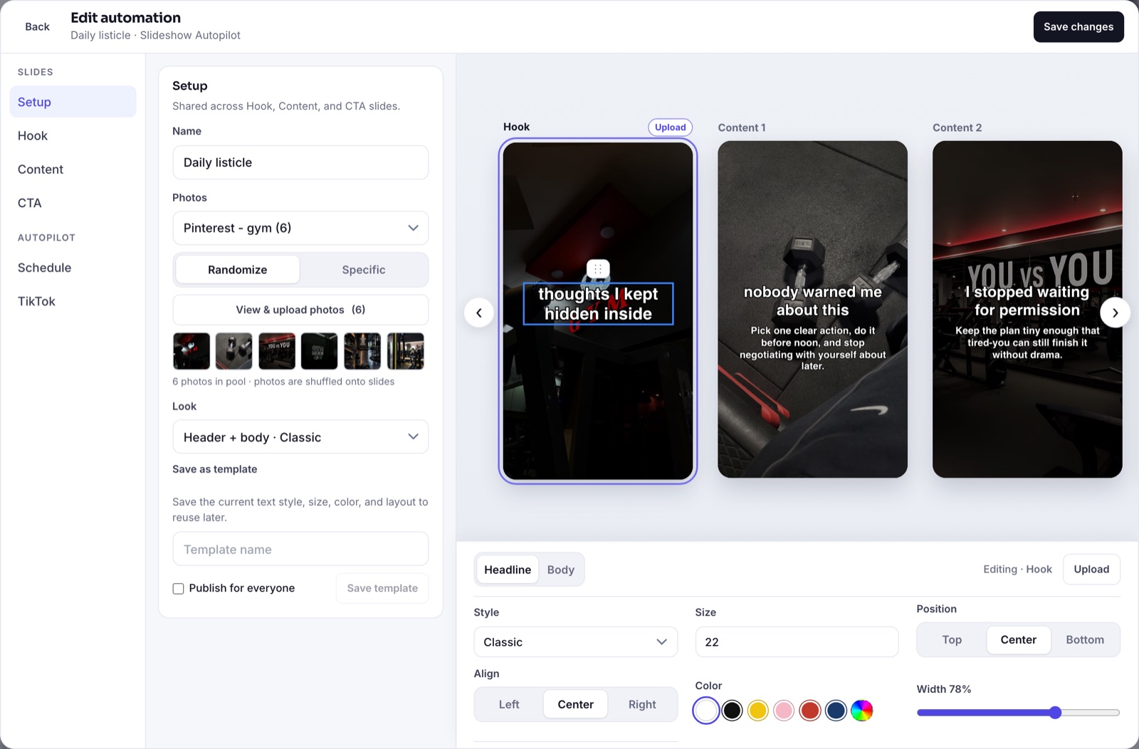 Slideshow Autopilot setup with a photo collection, shuffled photos and a text look