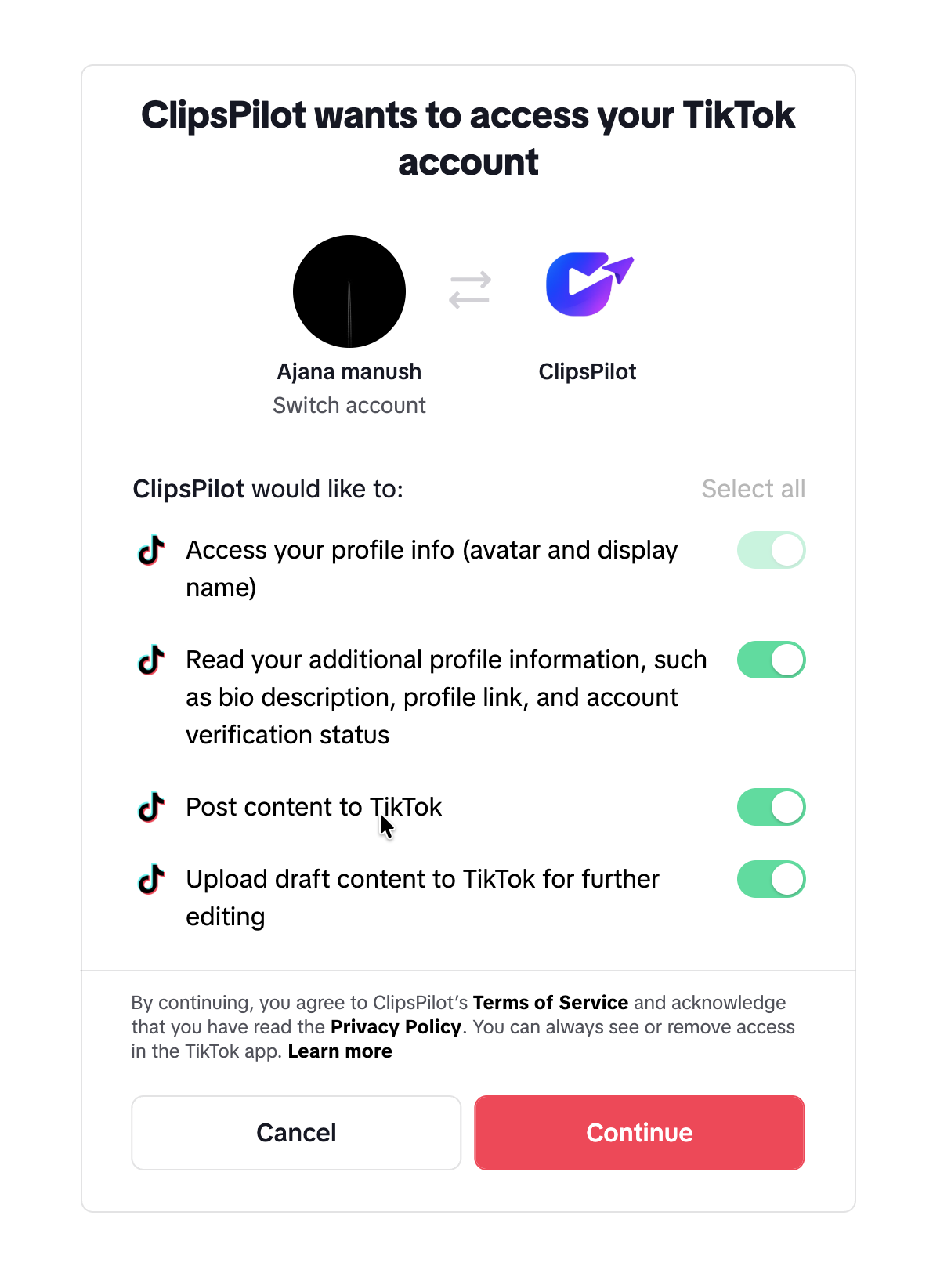 Connect TikTok to ClipsPilot