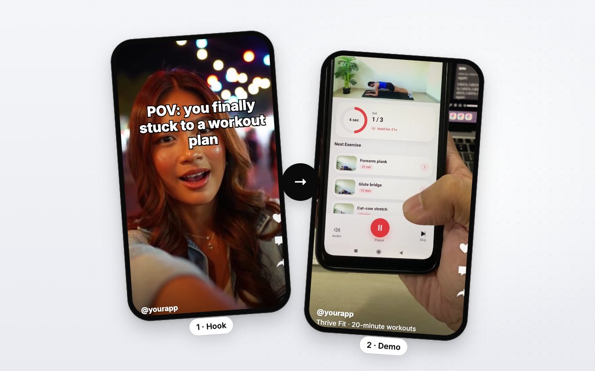 A Hook & Demo TikTok: a hook clip with bold text, then the app demo