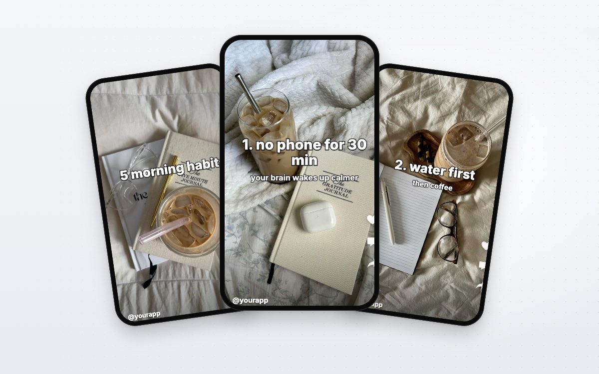 Tres imágenes de un slideshow de TikTok hecho por ClipsPilot, cada una con un título sobre una foto