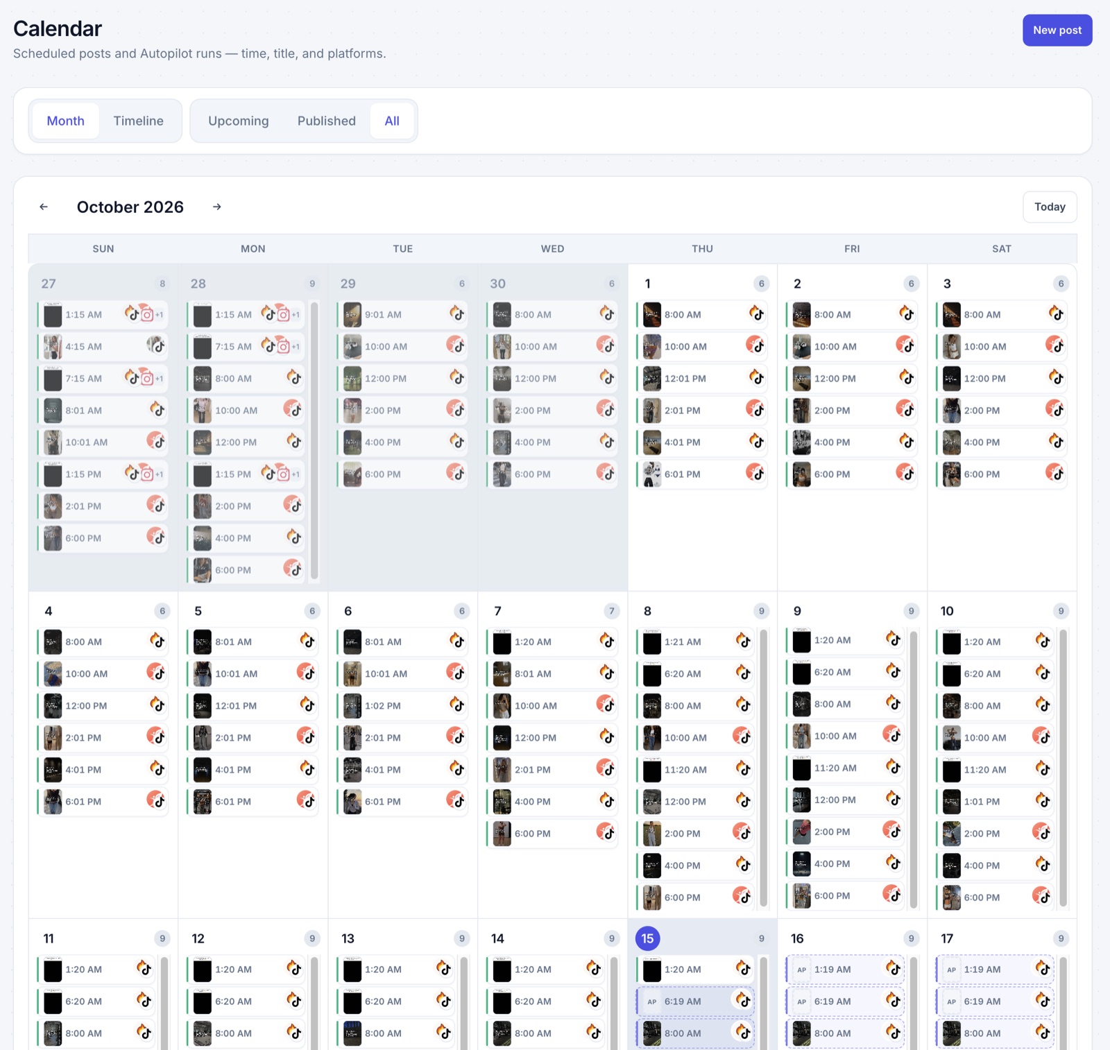 ClipsPilot calendar with a month of scheduled posts