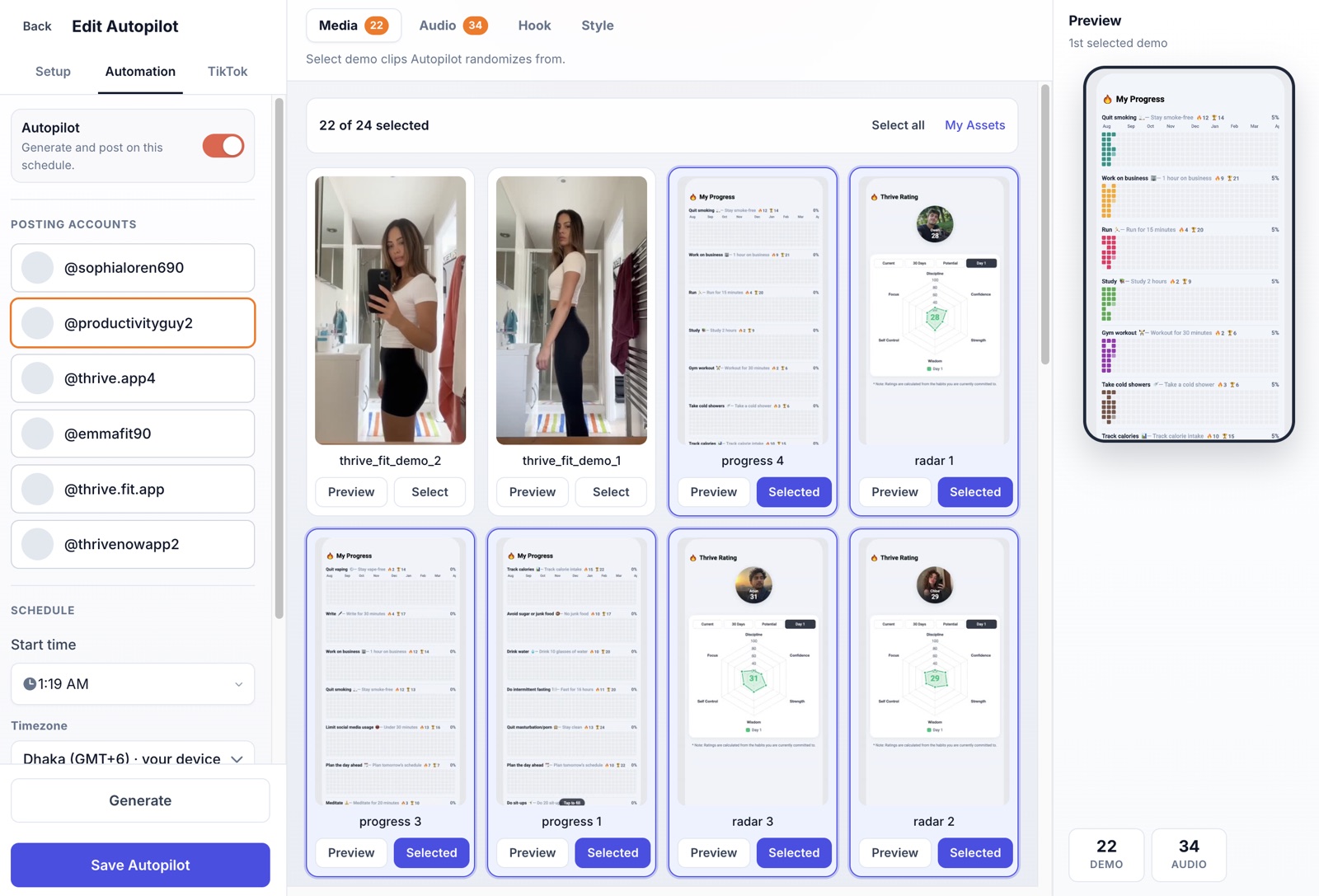 ClipsPilot Video Autopilot with posting accounts, schedule and selected demo clips