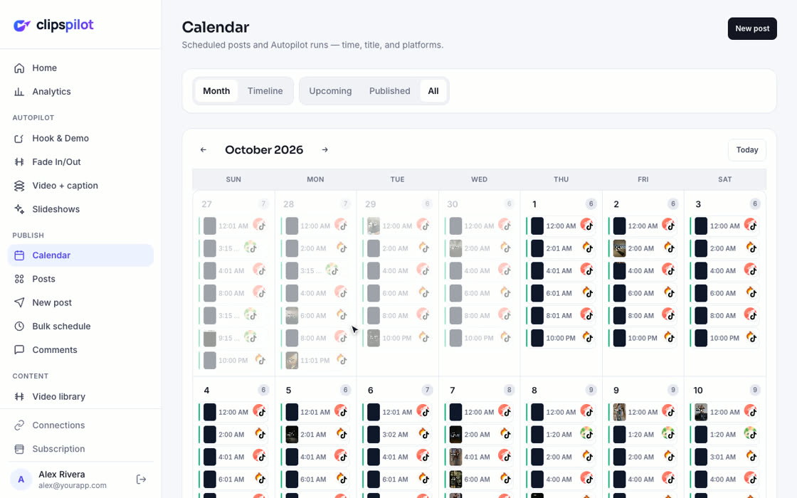 Every scheduled TikTok on the ClipsPilot calendar