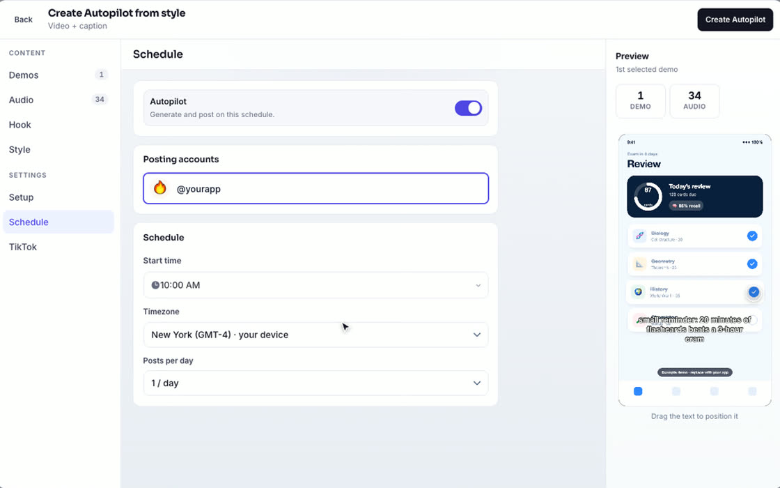 Configurar el calendario de publicación de un Autopilot en ClipsPilot